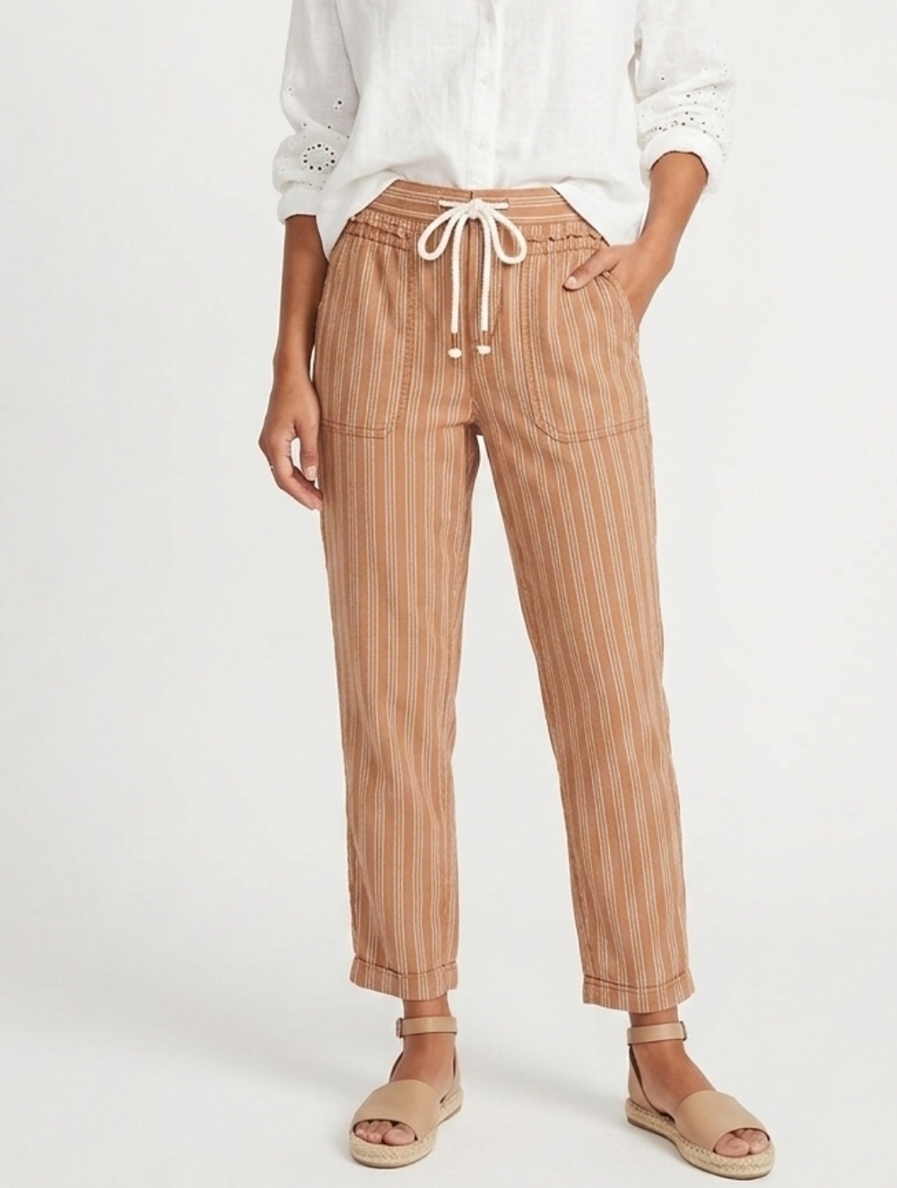 Anthropologie Tan & White Striped Drawstring Joggers with Pockets